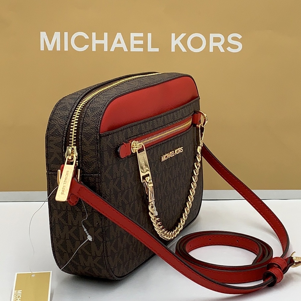 MICHAEL KORS LARGE EAST WEST ZIP CHAIN XBODY FLAME MULTI/ BROWN - Picture 2 of 16